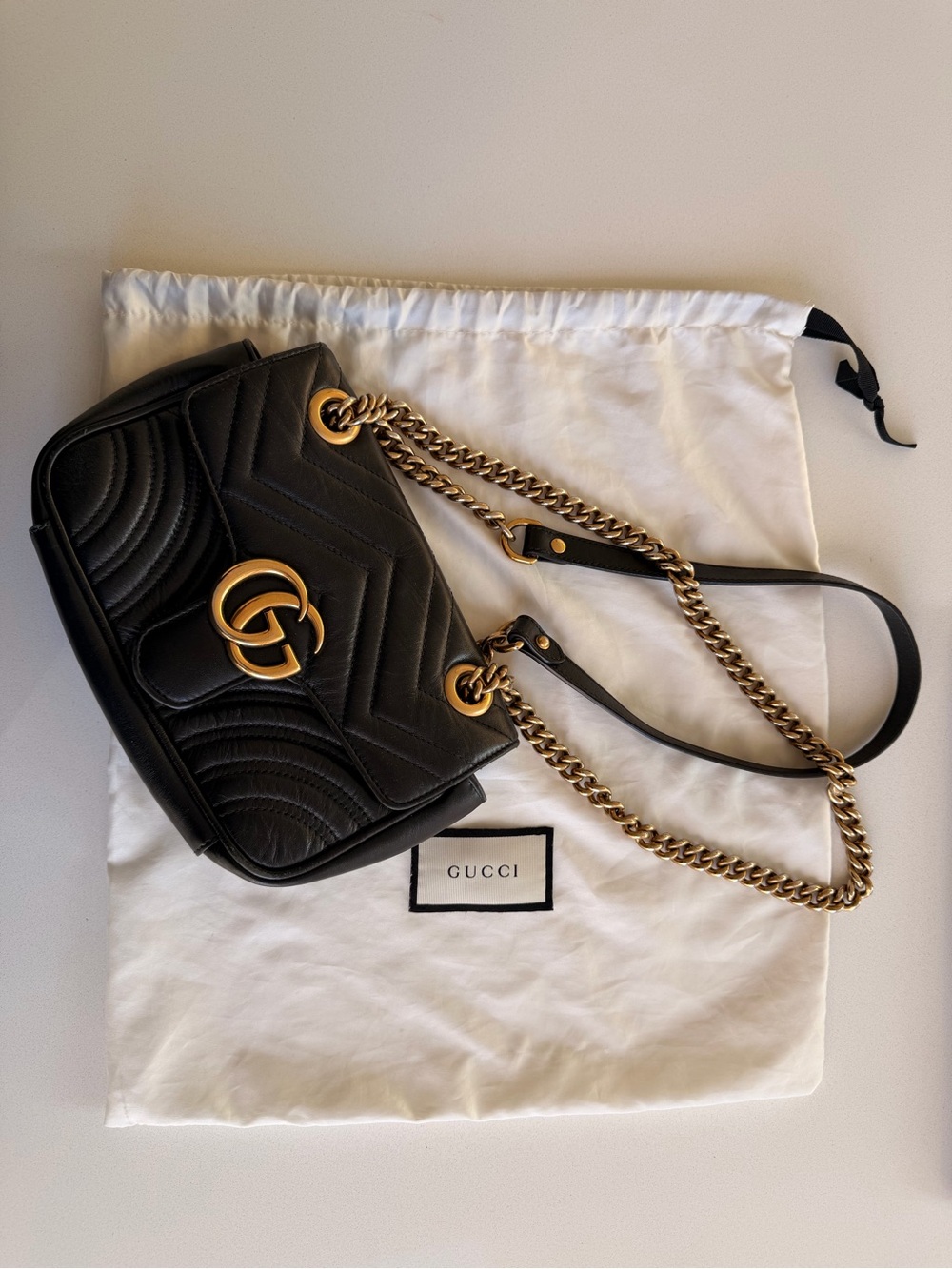 Gucci Black Quilted SMALL Leather Shoulder Bag with Gold Double-G Chain
